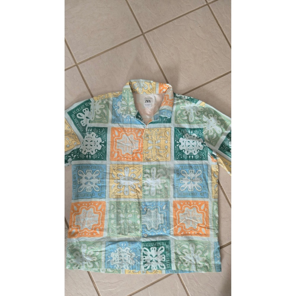 Zara Mens Patchwork Bandana Print Short Sleeve Button Up Shirt Multi Color Large